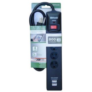 Woods 4 Outlet 800 Joule Surge Protector with USB Charger   Black 413027801