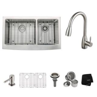 KRAUS All in One Farmhouse Apron Front Stainless Steel 35.9 in. Double Bowl Kitchen Sink with Faucet KHF203 36 KPF2130 SD20