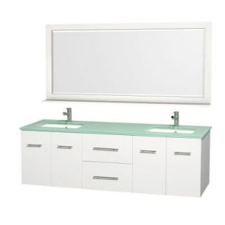 Wyndham Collection Centra 72 in. Double Vanity in White with Glass Vanity Top in Aqua and Square Porcelain Under Mounted Sinks WCV00972WHGRDB