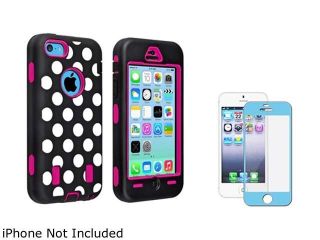 Insten Hot Pink Hard/ Black White Dot Skin Hybrid Case with Blue Color Frame Screen Shield Compatible with Apple iPhone 5C 1529996