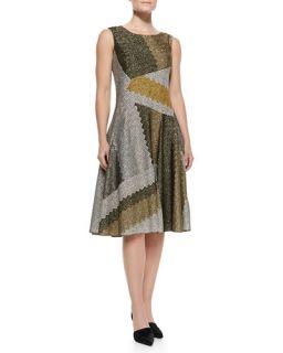 Missoni Sleeveless Metallic Patchwork Full Skirt Dress, Olive/Multi