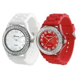 Geneva Platinum Womens Rhinestone Accented Red/White Silicone Watch