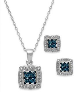 Diamond Necklace and Earring Set, Sterling Silver Blue Diamond Box Set