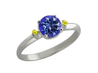 1.02 Ct Round Tanzanite Blue Mystic Topaz Canary Diamond Sterling Silver Ring