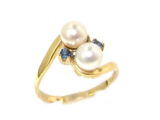 9K Yellow Gold Womens Lustrous Pearl & Ceylon Sapphire Swirl Ring   Size 9.75   Finger Sizes 5 to 12 Available