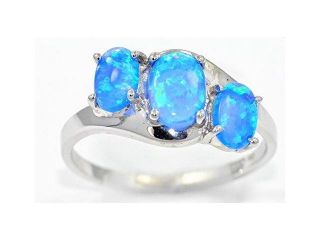 6mm Blue Opal Oval Ring .925 Sterling Silver Rhodium Finish [Jewelry]