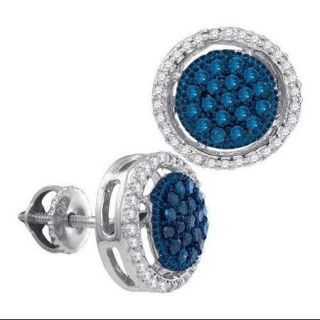 10K White Gold 0.39ctw Fancy Blue Diamond Round Halo Fashion Post Earring