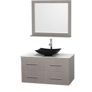 Wyndham Collection Centra 42 inch Single Bathroom Vanity in Espresso, White Carrera Marble Countertop, Arista Black Granite Sink, and 36 inch Mirror