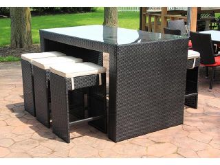 7 Piece Black Resin Wicker Outdoor Furniture Bar Dining Set   Beige Cushions