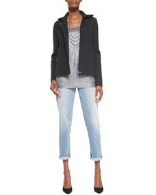 Eileen Fisher Felted Melange Zip Front Jacket, Beaded Silk Cord Necklace & Stretch Boyfriend Jeans, Womens