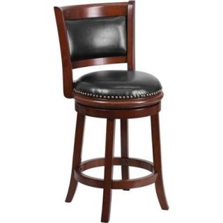 Wood 24 inch Counter Height Stool with Leather Swivel Seat and Nail Head Trim Black, Cherry