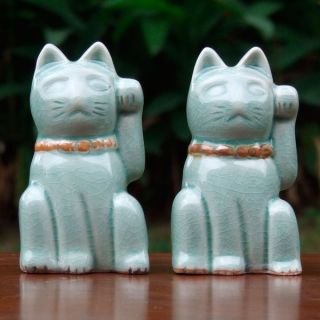 Two Celadon Ceramic Statuettes Lucky Cats (Thailand)   11160147