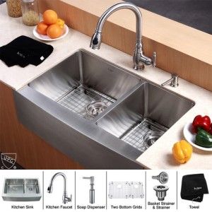 Kraus KHF203 33 KPF2150 SD20 33 inch Farmhouse Double Bowl Stainless Steel Kitchen Sink with Kitchen Faucet and Soap Dispenser