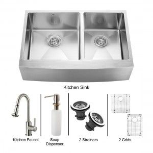 VIGO Industries VG15099 Kitchen Sink Set, Farmhouse Sink, Faucet, Two Grids, Two Strainers & Dispenser   Stainless Steel