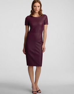 HALSTON HERITAGE Short Sleeve Wide Scoop Neck Leather Dress   with Contrast Ponte