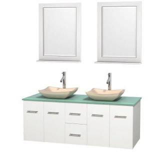 Wyndham Collection Centra 60 in. Double Vanity in White with Glass Vanity Top in Green, Ivory Marble Sinks and 24 in. Mirrors WCVW00960DWHGGGS2M24