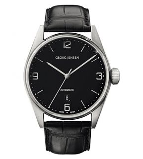 GEORG JENSEN   Delta Classic stainless steel and leather automatic watch 42mm