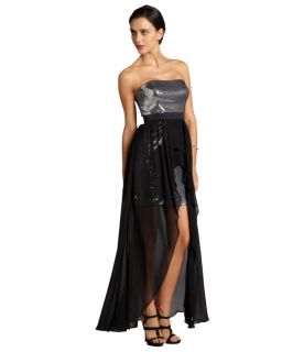 Aidan Mattox Black And Silver Sequin And Chiffon Strapless High Low Evening Gown (325679201)