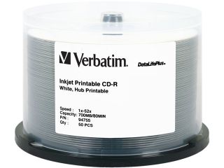 Verbatim DataLifePlus 94755 700MB 52X CD R White Inkjet, Hub Printable 50 Packs Spindle Disc
