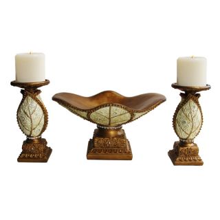 Decorative 3 Piece Candle Holder Set Ivory and Gold with Jeweled and