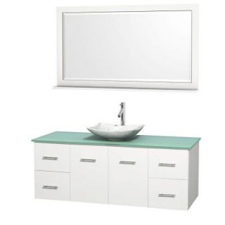 Wyndham Collection Centra 60 in. Vanity in White with Glass Vanity Top in Green, Carrara White Marble Sink and 58 in. Mirror WCVW00960SWHGGGS6M58