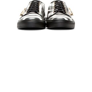 Versus Black Leather Safety Pin Zebra Print Sneakers