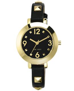 Nine West Watch, Womens Gold Tone Pyramid Stud and Black Strap 34mm