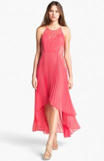 BCBGMAXAZRIA Pleated Lace & Chiffon High/Low Dress