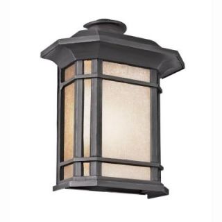 Bel Air Lighting Energy Saving 1 Light Outdoor Black Patio Wall Lantern with Tea Stained Linen Shade PL 5822 1 BK