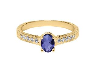 0.87 Ct Oval Checkerboard Blue Iolite White Sapphire 14K Yellow Gold Ring