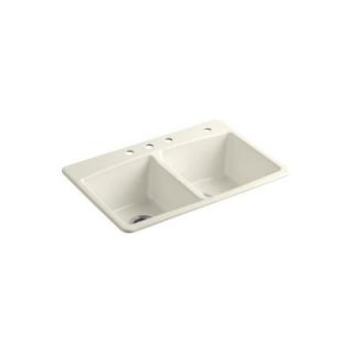 KOHLER Brookfield Top Mount Cast Iron 33 in. 4 Hole Double Bowl Kitchen Sink in Biscuit K 5846 4 96