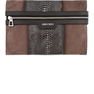 Jimmy Choo Taupe Suede & Patent Python Stafford Pouch