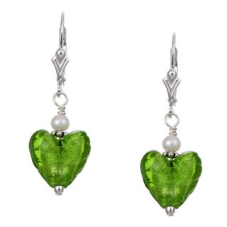 Charming Life Silver Lime Green Heart and Pearl Earrings (3.5 mm