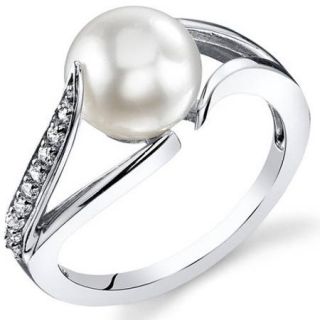 Oravo 8.0mm Freshwater Cultured White Pearl Rhodium Plated Sterling Silver Engagement Ring