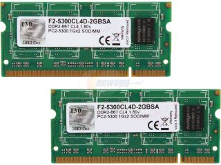 G.SKILL 2GB (2 x 1GB) 200 Pin DDR2 SO DIMM DDR2 667 (PC2 5300) Dual Channel Kit Laptop Memory Model F2 5300CL4D 2GBSA