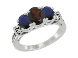 10K White Gold Natural Garnet & High Quality Blue Sapphire Ring 3 Stone Oval Diamond Accent
