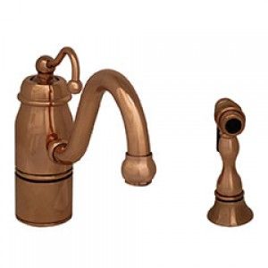 Whitehaus 3 3165 SPR C CO 9" Beluga single handle faucet with traditional curved swivel spout, curved handle and solid brass side spray   Polished Copper