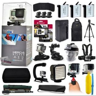 GoPro Hero 4 HERO4 Silver CHDHY 401 with 128GB Memory + 3x Batteries + Travel Charger + Backpack + 60? Tripod + Head/Chest Strap + Suction Cup + Hand Glove + LED Light + Stabilizer + Case + More