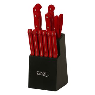 Ginsu Essential Series in Black Block Pomegranate Red 14 piece Cutlery