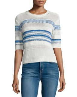 Current/Elliott The Mixed Stitch Stripe Half Sleeve Sweater, Blue Horizon
