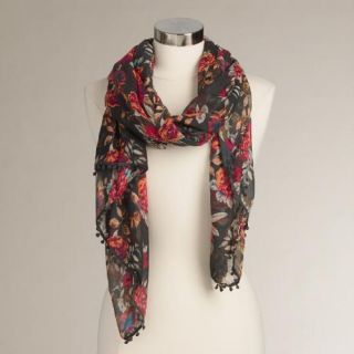 Mocha Floral Infinity Scarf with Pompoms