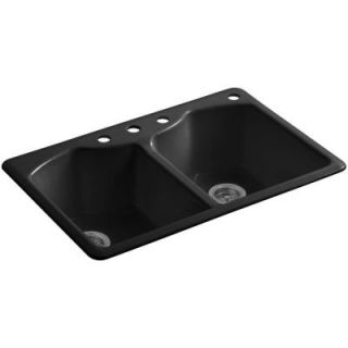 KOHLER Bellegrove Top Mount Cast Iron 33 in. 4 Hole Double Bowl Kitchen Sink with Accessories in Black Black K 6482 4A4 7