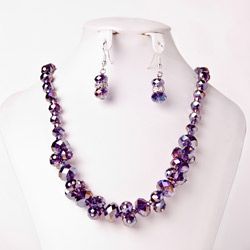 Purple Crystal Cluster Necklace and Earring Set  