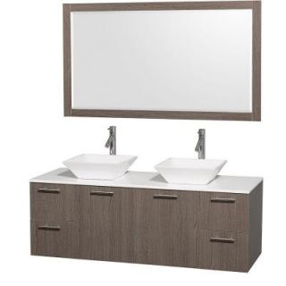 Wyndham Collection Amare 60 in. Double Vanity in Grey Oak with Man Made Stone Vanity Top in White and Porcelain Sink WCR410060GOWHD28WHM1DB