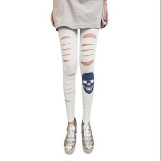 Women High Rise Distressed Skull Prints Stretchy Leggings White XS