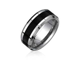 Fathers Day Gift Beveled Edge Black Carbon Fiber Mens Tungsten Wedding Band Ring