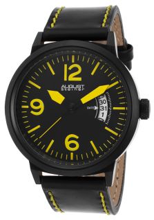 Men's Black Genuine Leather and Dial Yellow Accents