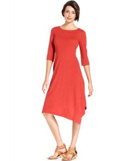 Eileen Fisher Three Quarter Sleeve Asymmetrical Hem Cotton Dress