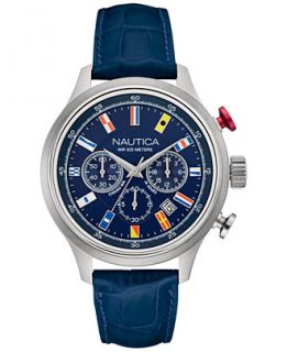 Nautica Mens Chronograph Navy Blue Leather Strap Watch 44mm NAD16520G