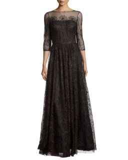 Kay Unger New York 3/4 Sleeve Lace Tulle Gown